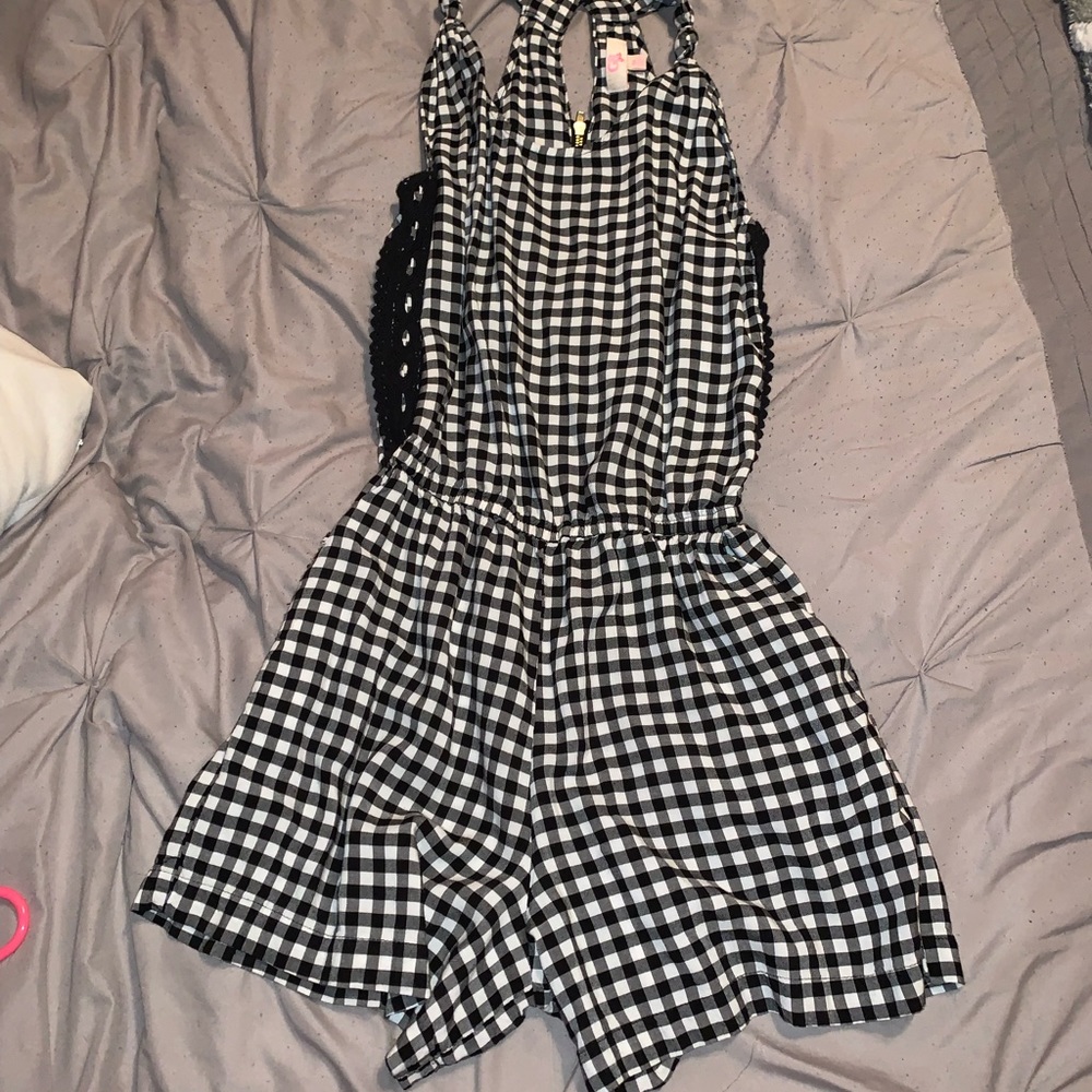 GB girls medium black and white plaid romper